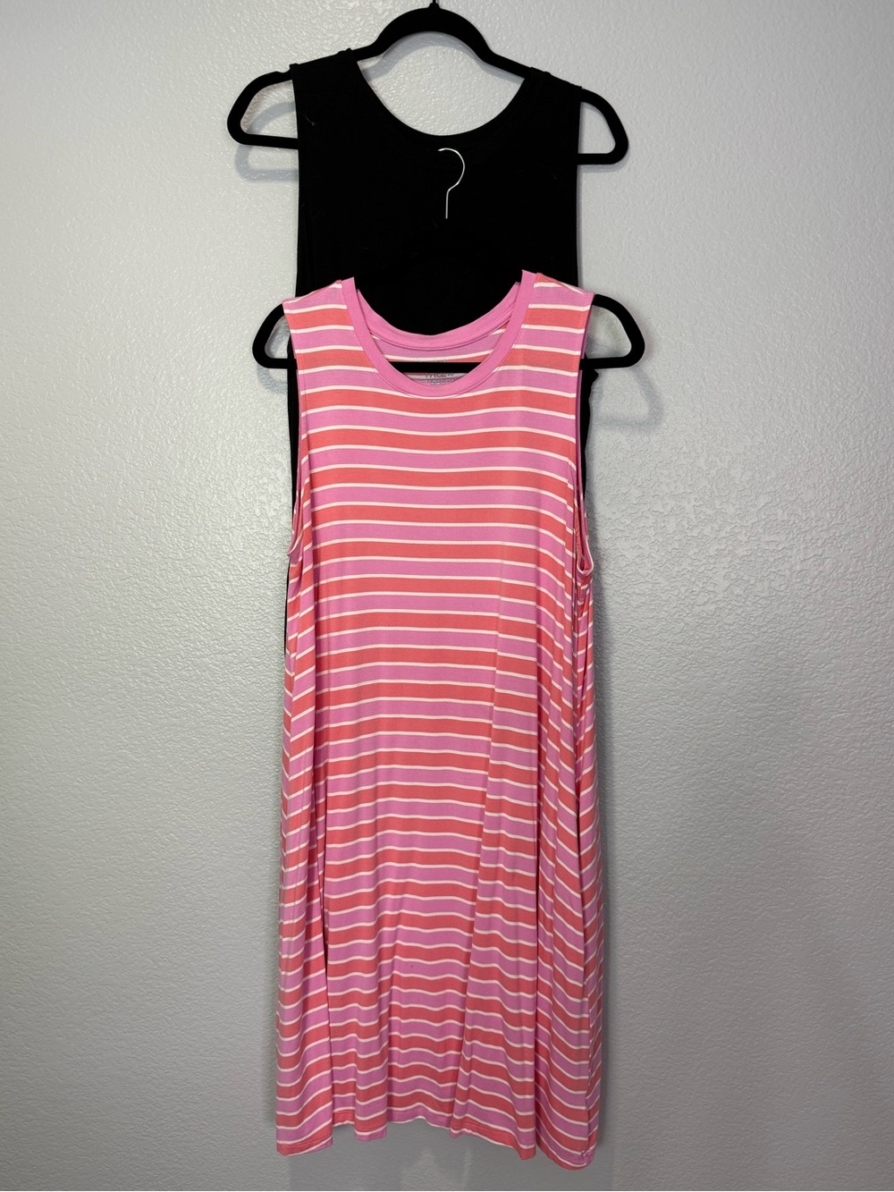 Bundle of 2 Time and Tru sleeveless dresses in classic black and a pink stripe